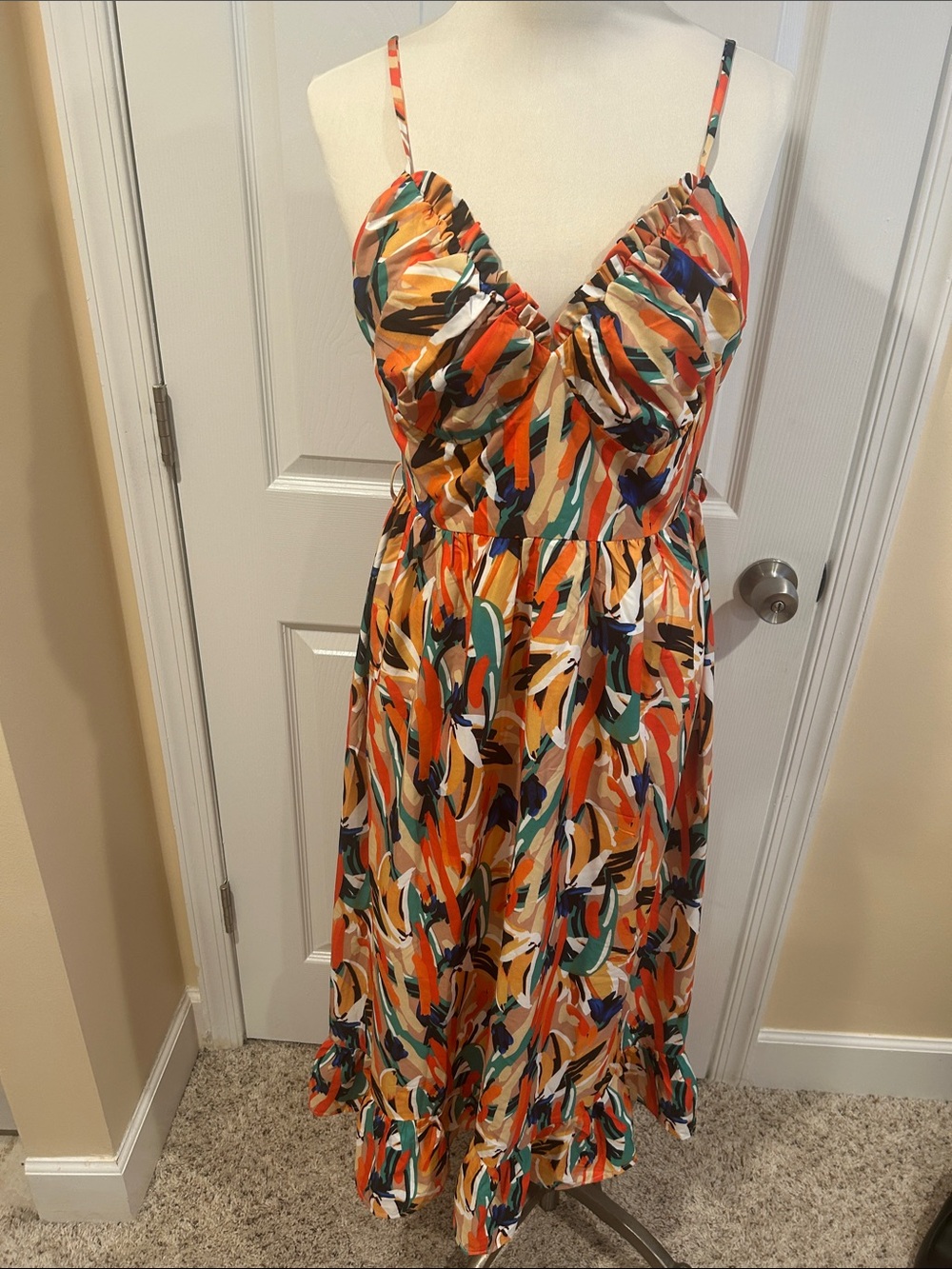 Commense Multicolor Leaf-Print Maxi Dress in Orange, Teal & Navy